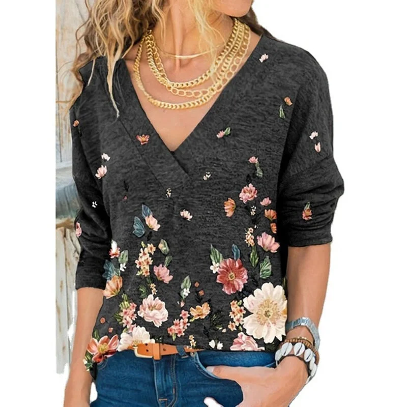 Amy Fashion - V-neck Flower Print Long-sleeved T-shirt