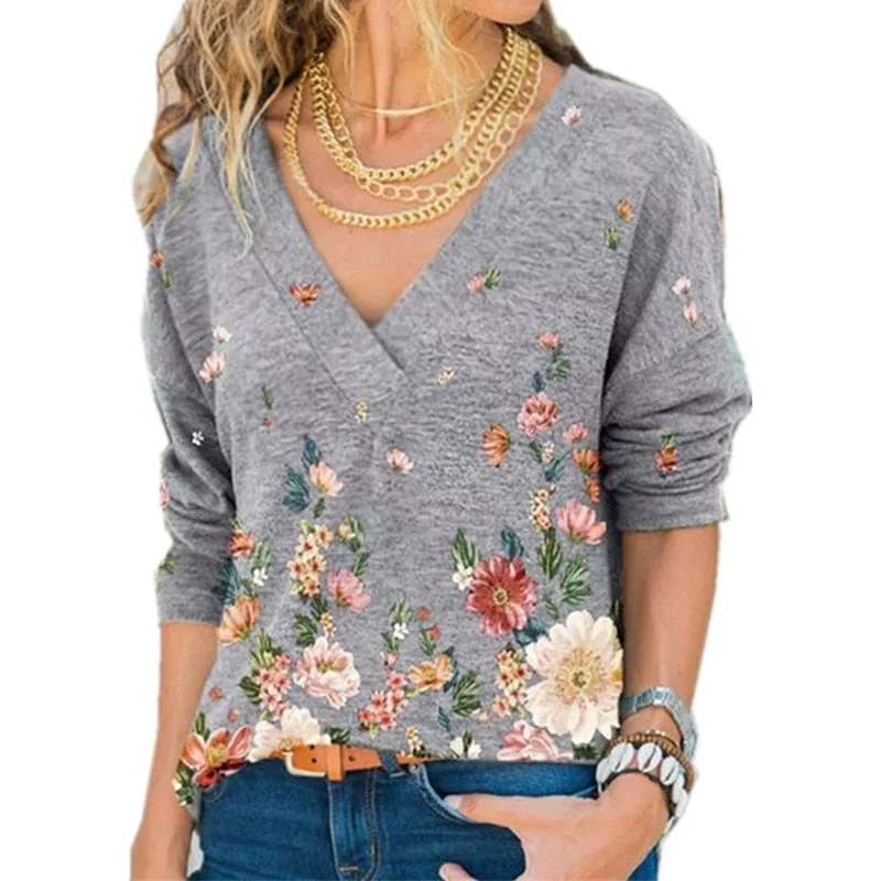 Amy Fashion - V-neck Flower Print Long-sleeved Casual Loose T-shirt