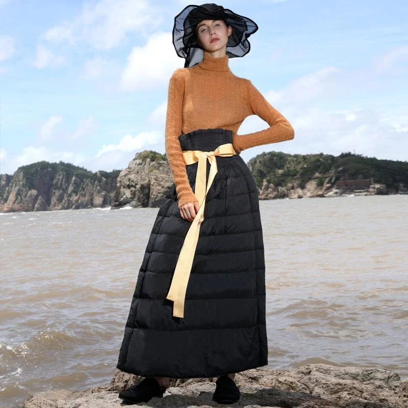 Casual black duck down maxi skirts Loose fitting high waist women skirts thick down skirts