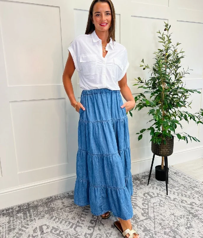 Denim Tiered Midi Skirt