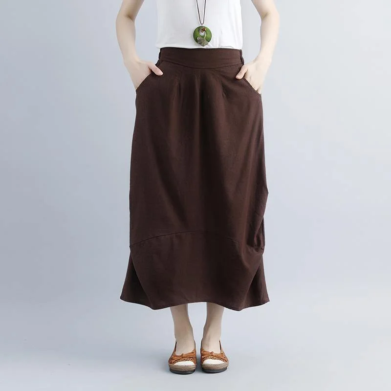 Elegant linen skirt trendy plus size Women Casual Summer Pockets Brown Long Skirts