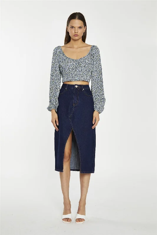 Indigo-Wash Denim Midi-Skirt