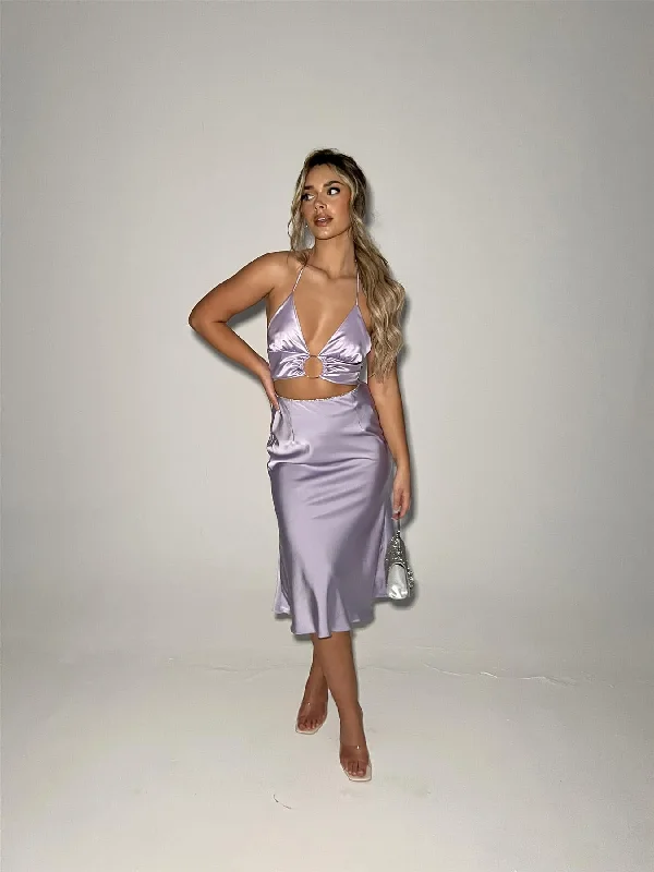 Lilac-Satin Bias-Cut Midi-skirt