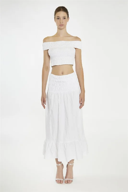 White Shirred-Waist Maxi-Skirt