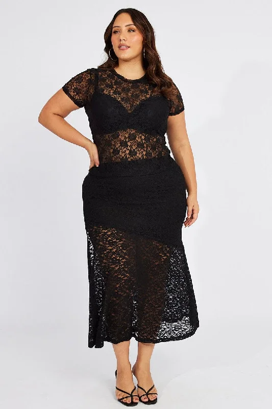 Black Lace Top Short Sleeve Crew Neck