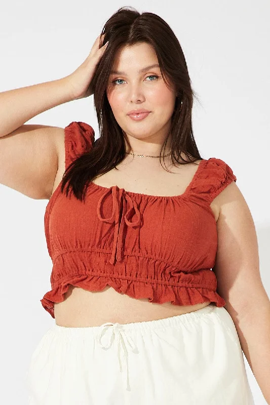 Brown Crop Top Short Sleeve Ruched