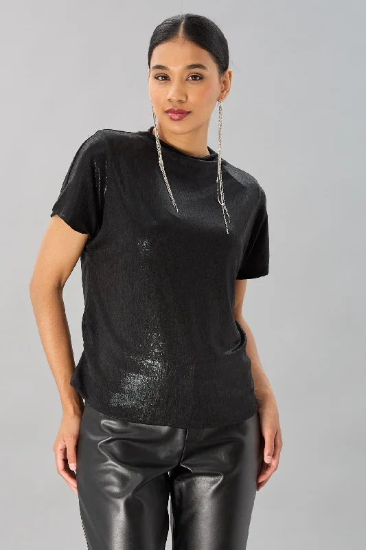 Foil Jersey Mock Neck Top