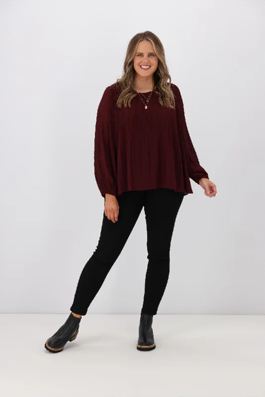 Gloss by Shine On Nigella Long Sleeve Micro Pleat Top Raisin