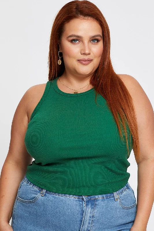 Green Sleeveless Basic Rib Tank Top