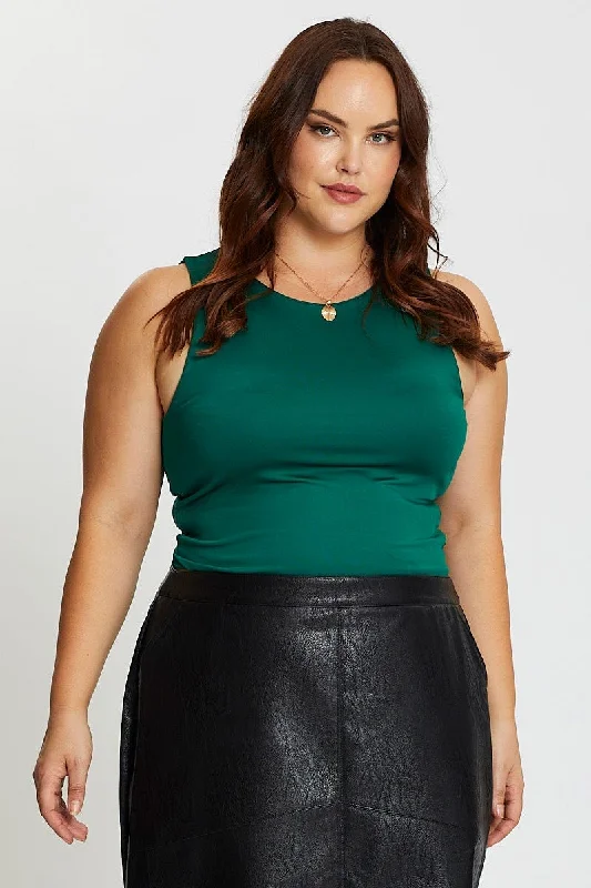 Green Tank Top Crew Neck Sleeveless Cotton Crop