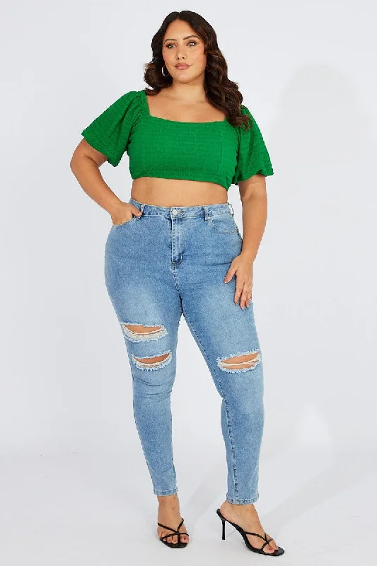 Green Top Puff Sleeve Square Neck Textured