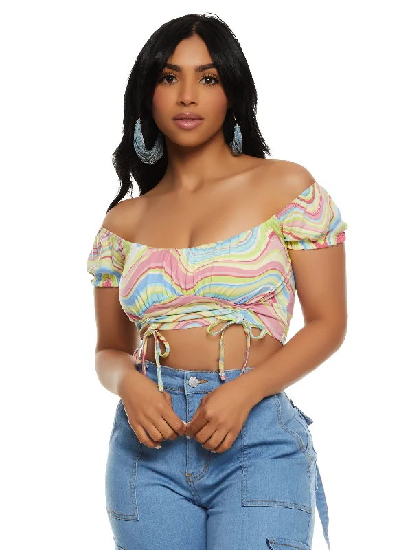 Almost Famous Printed Ruched Off the Shoulder Crop Top