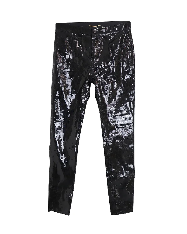 Saint Laurent Sequined Straight Pants in Black Cotton