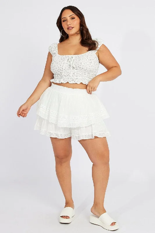 White Ditsy Crop Top Short Sleeve Ruched Bust