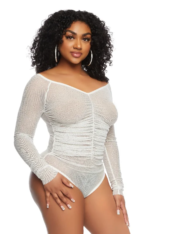 Iris Rhinestone Mesh Ruched Front Bodysuit