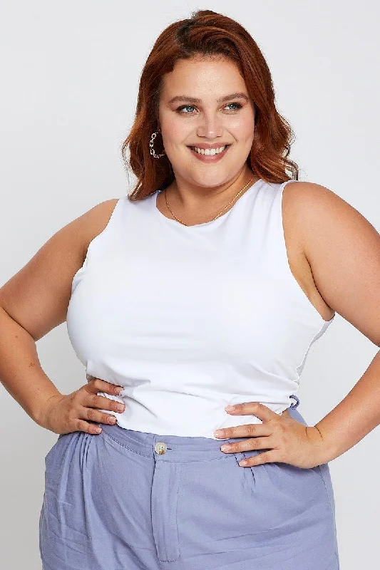 White Tank Top Crew Neck Sleeveless Cotton Crop