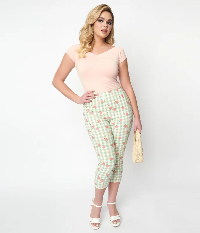 Unique Vintage Light Green Gingham & Peaches Rachelle Capri Pants