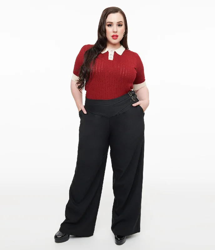 Unique Vintage Plus Size Black Double Belt Woven Pants