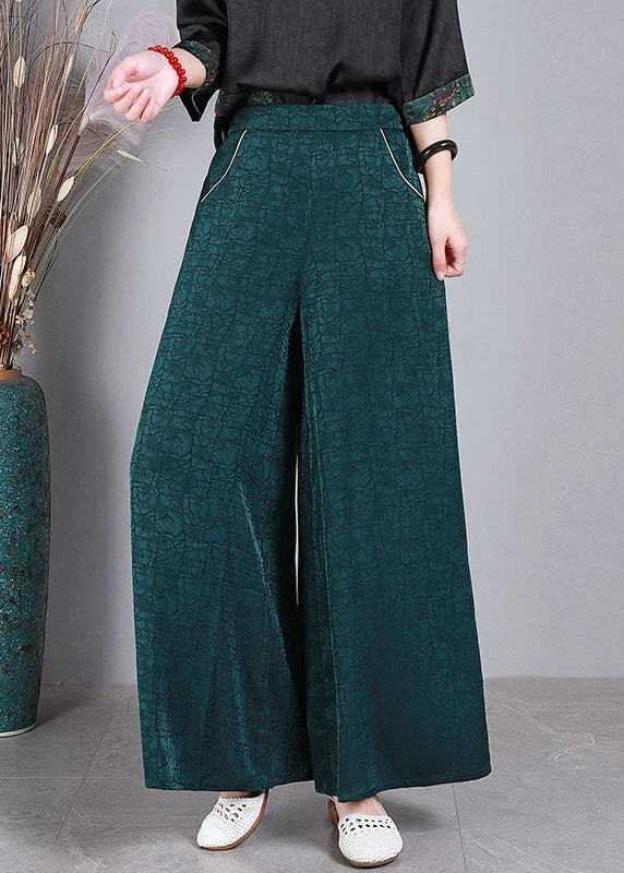 Vintage Green Elastic Waist Pockets Wrinkled Silk Wide Leg Pants Summer