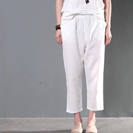 White linen crop pants plus size women summer