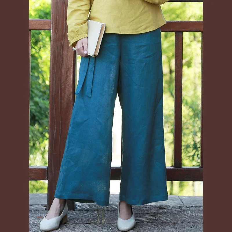 women 2019 blue linen croppants loose casual high waist trouers