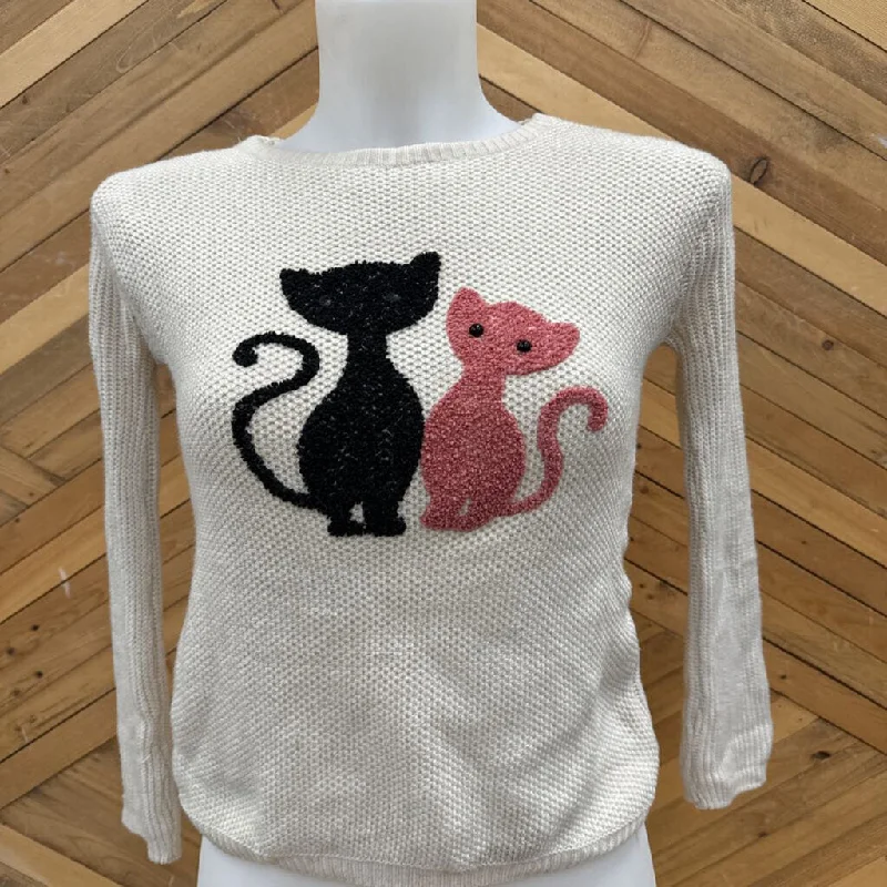 Cat-Themed Knit Sweater: White-women-XS