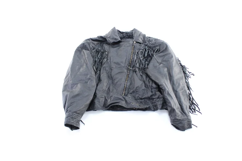 Women's Steer Brand Black Fringed Leather Zip Up Jacket