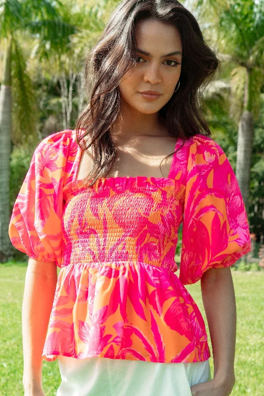 Addison Peplum Top - Pink Tropics