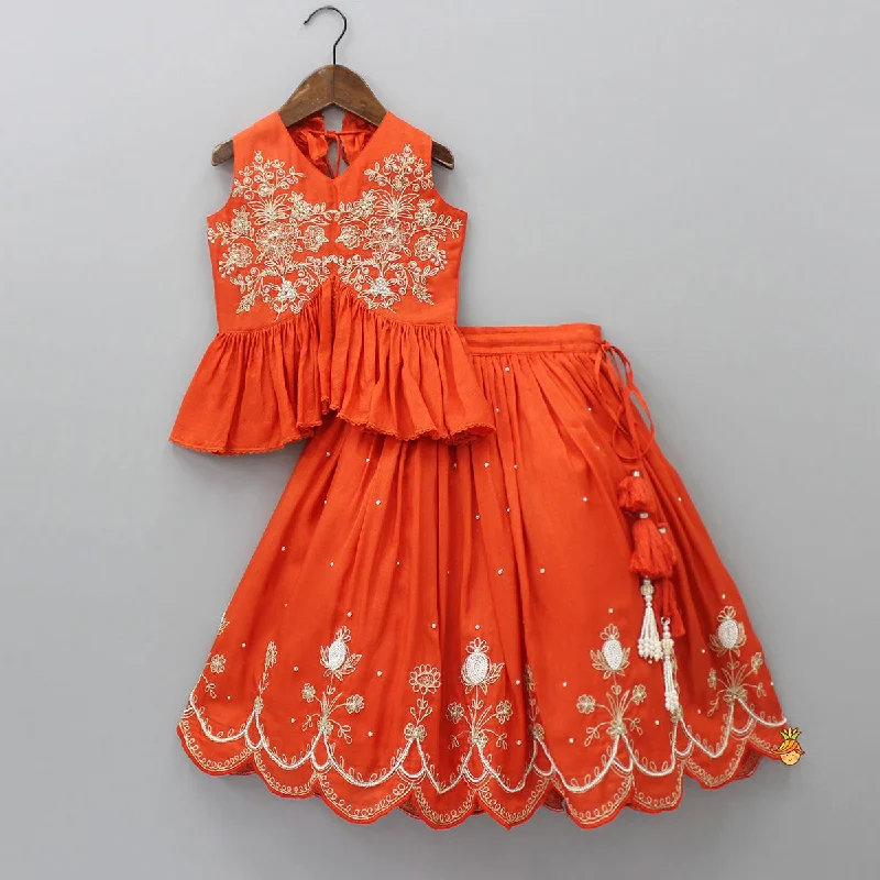 Embroidered Stylish Orange Top And Pleated Lehenga