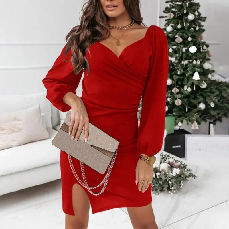 Sexy Mini Dress Women Women's Long Sleeve Casual Dresses Button Down Slim Solid Knit Party Club Dress