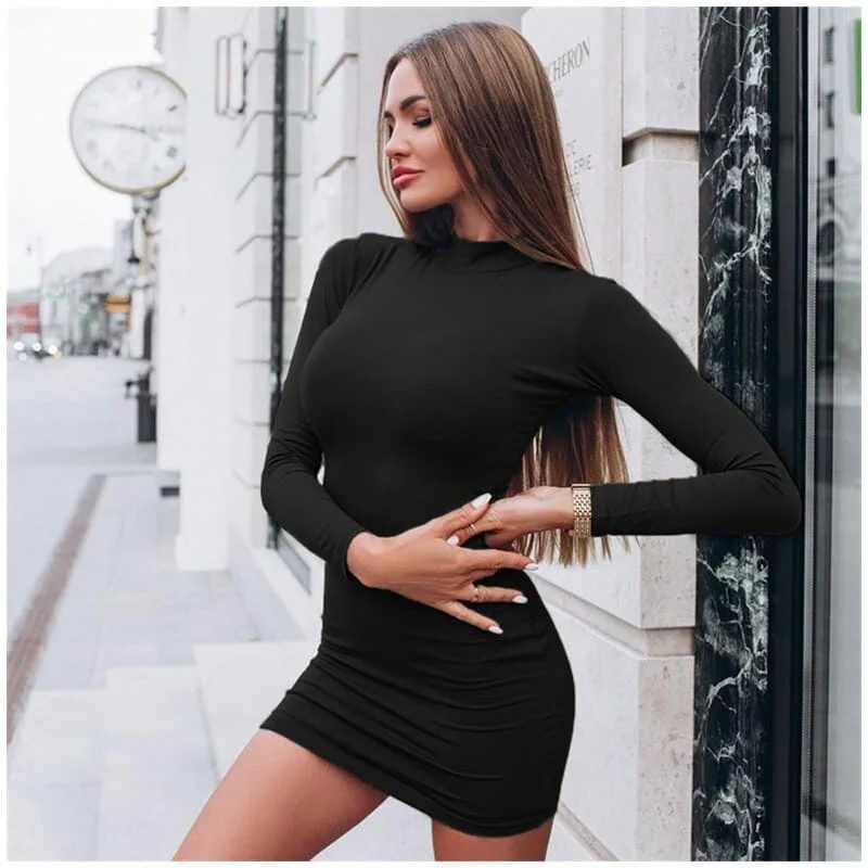 Sexy Solid Color Turtleneck Skinny Mini Dress