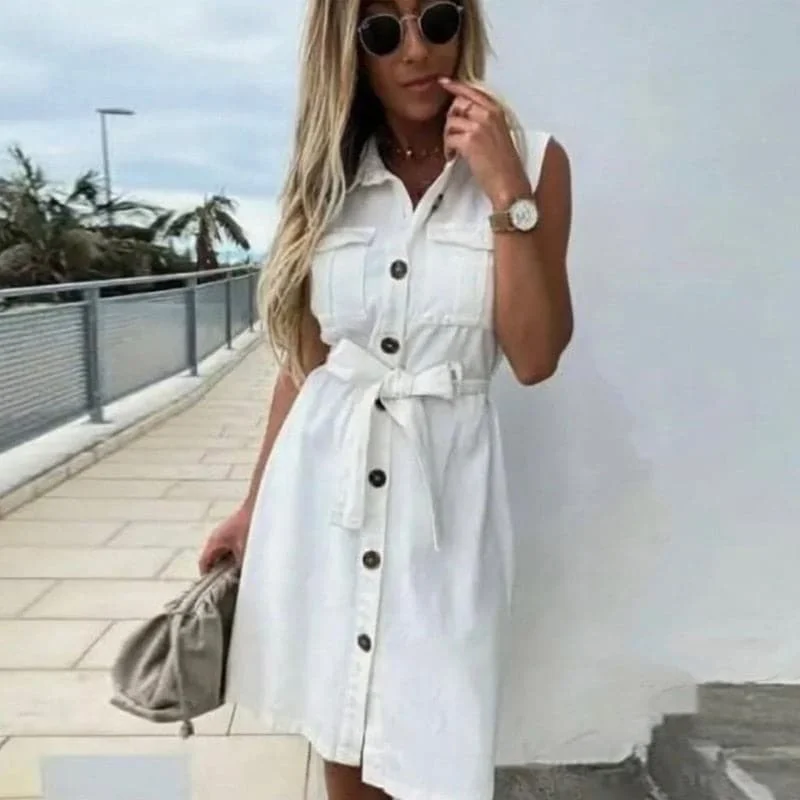 Women Vintage Front Button Sashes Sheath Party Dress Sleeveless Turn Down Collar Casual Mini Dress Summer Fashion New Dress