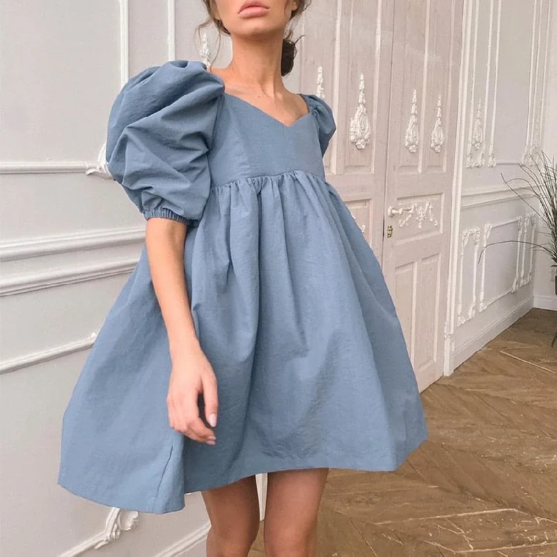 Women Mini Dress Elegant Square Collar Puff Short Sleeve High Waist A-line Party Dress Casual Cute Solid Streetwear Summer