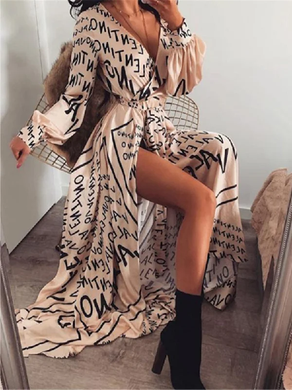 FashionSierra - Boho Printed Floral Long Maxi Dress Women Female Casual Loose Ankle-Length Empire V-Neck Long Splits Dresses