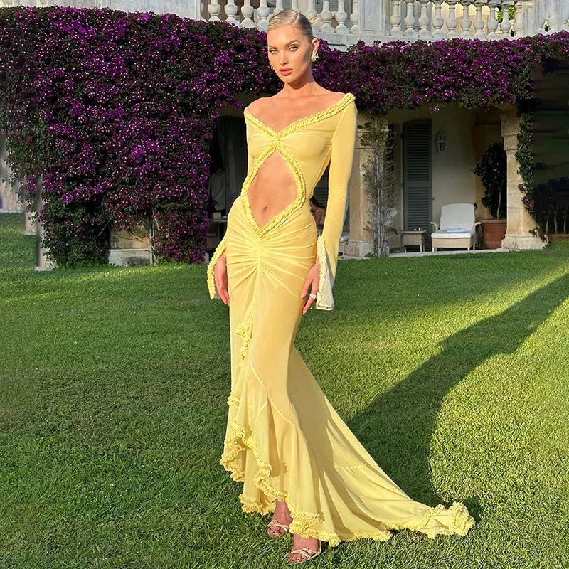 Spring Color Mesh See Through Low Cut Sexy Floor Tassel Long Sleeve Evening Maxi Dress