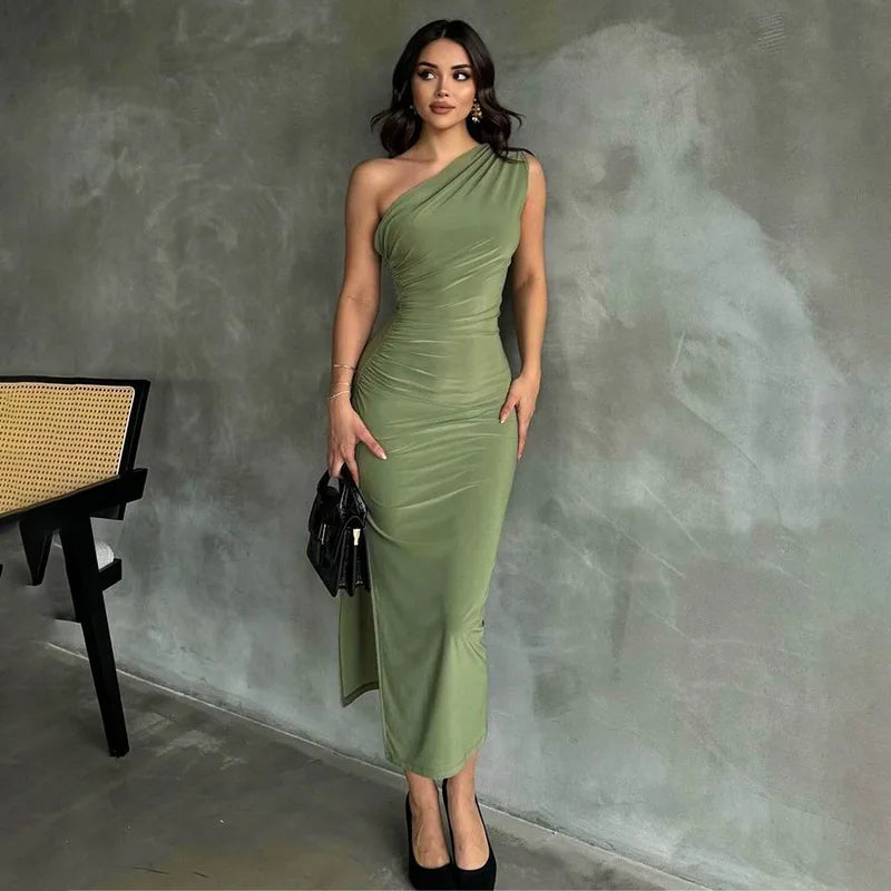 One Shoulder Summer Elegant Sexy Sleeveless Ruched Charming Stylish Maxi Dress