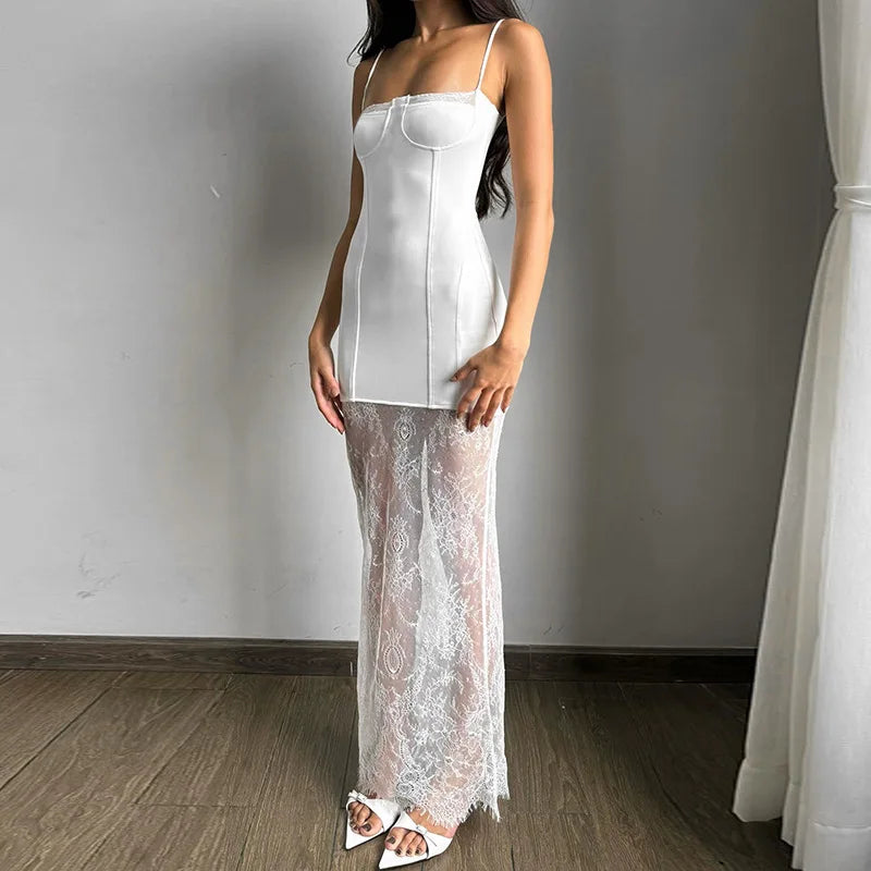 White Lace Patchwork Summer Sexy Sleeveless Slim Charming Stylish Maxi Dress