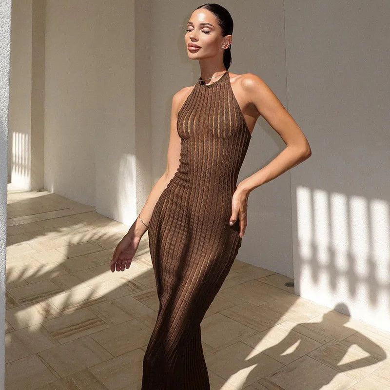 Knitted Hollow Out Sheer Backless Slim Beach Halter Neck Stylish Maxi Dress