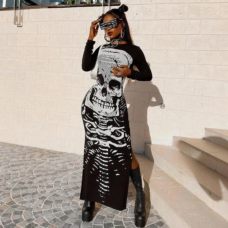 Gothic Skull Bones Skeleton Print O Neck Long Sleeve Split Casual Autumn Streetwear Maxi Dress