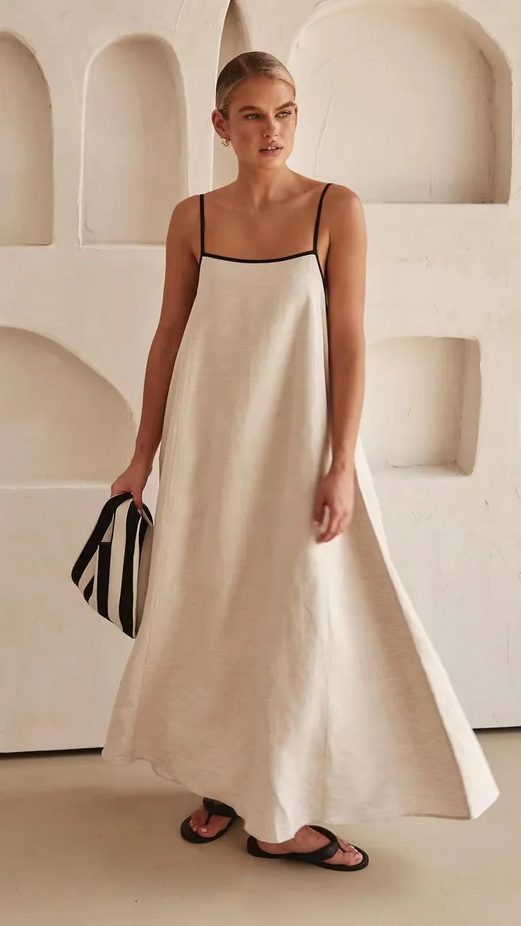 Fashion Halter Swing Backless Sleeveless Cotton Line Casual Maxi Dress