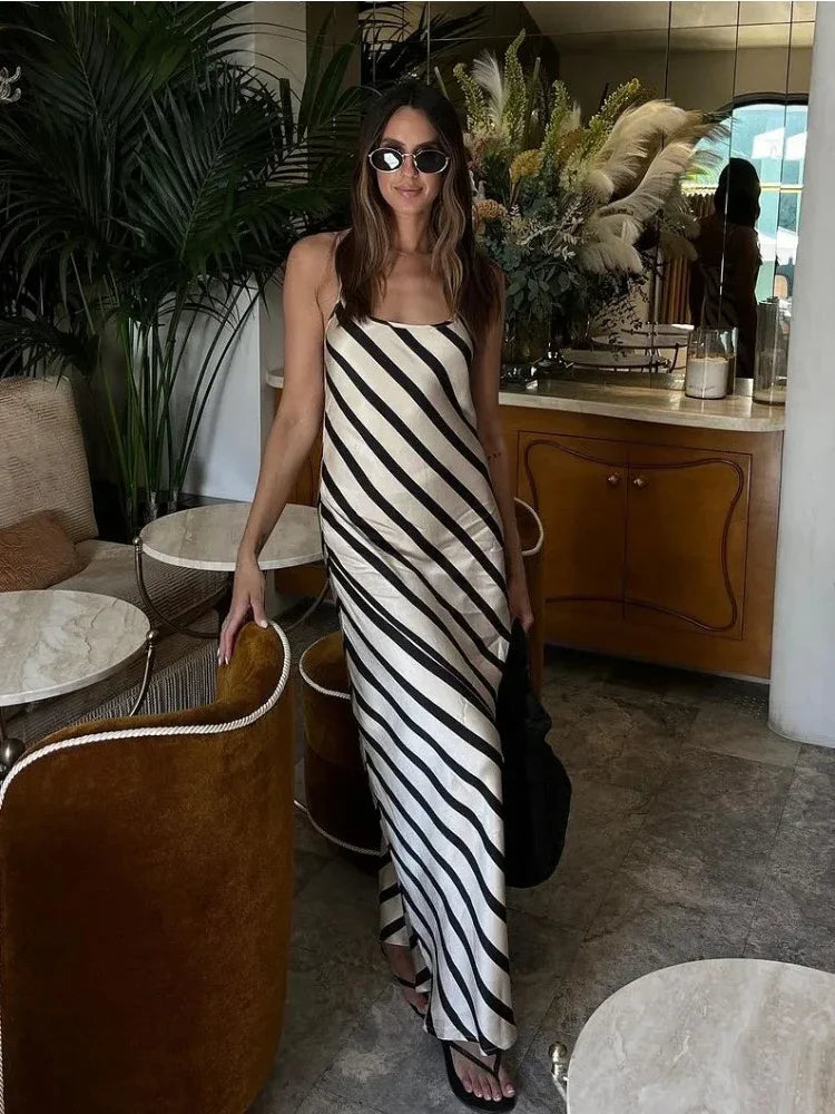 FashionSierra - Zebra Halter Female Sleeveless Loose Striped Long Women's Backless Maxi Casual Dress