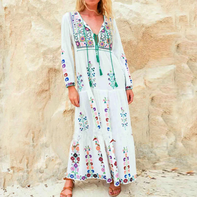 FashionSierra-Cotton  Floral Embroidered  Maxi  O-neck  Tassel  Long Sleeve  White  Summer  Vintage Boho Dress