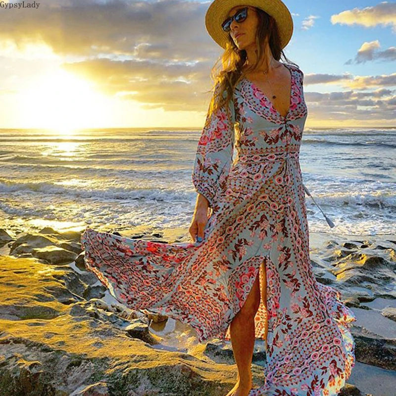 FashionSierra-Long Sleeve  Beach Maxi  Vintage  Blue Floral Print  V-neck  Drawstring Waist  Autumn  Spring Boho Dress