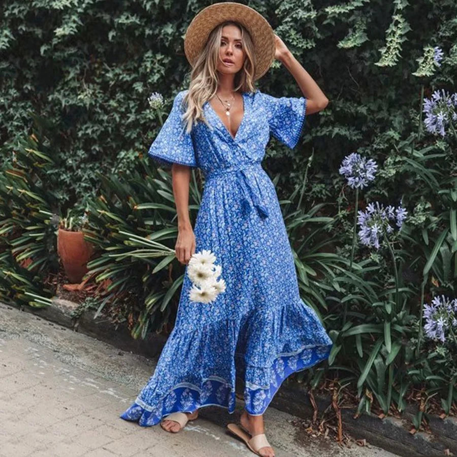 FashionSierra-Maxi for Women Rayon Blue Floral Print Sexy Deep V-Neck Summer Loose Hippie Long Vestidos Boho Dress