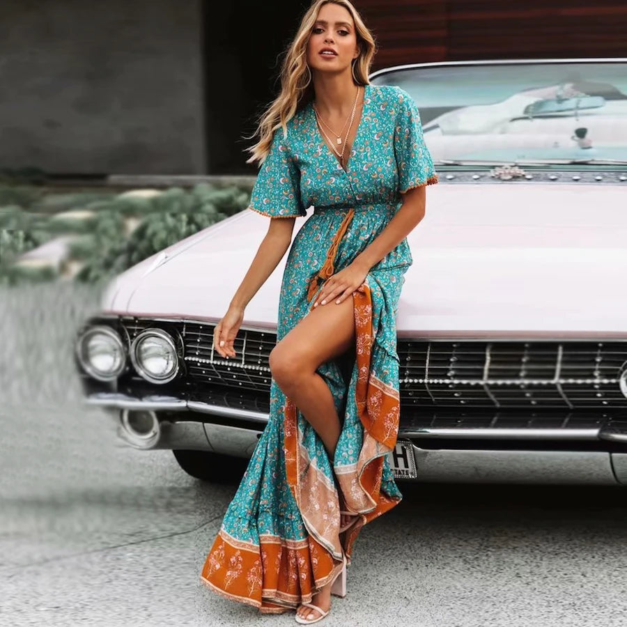 FashionSierra-Maxi  Vintage Floral Print  Sexy  Deep V-neck  Gypsy  Summer  Loose  Hippie  Long Boho Dress