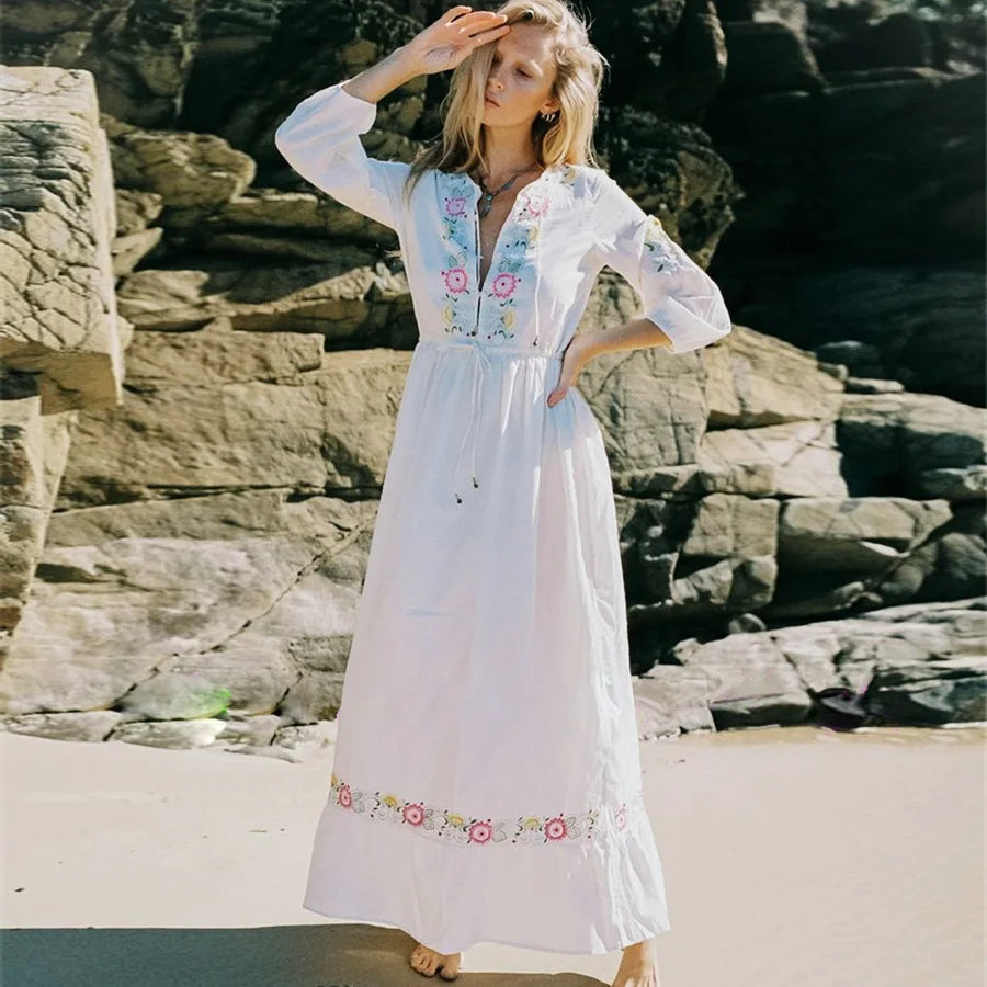 FashionSierra-White Cotton Embroidery Maxi Women Vintage Long Sleeve O Neck Drawstring Waist Beach Autumn Spring Vestidos Boho Dress