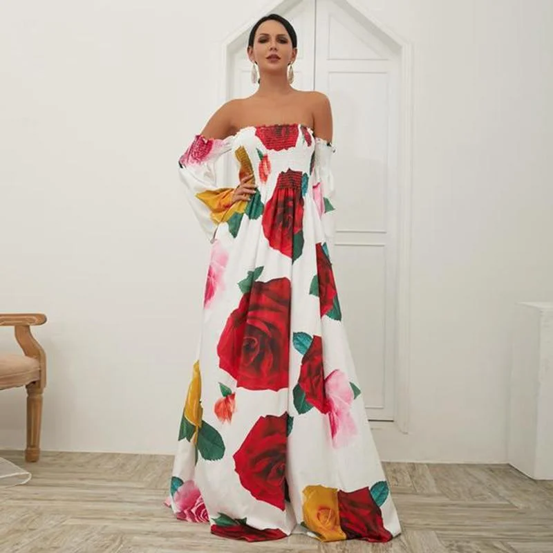 FashionSierra - Flared sleeve off shoulder bohemian dress Women floral printed long dress Autumn fashion vacation maxi dress Boho vestidos