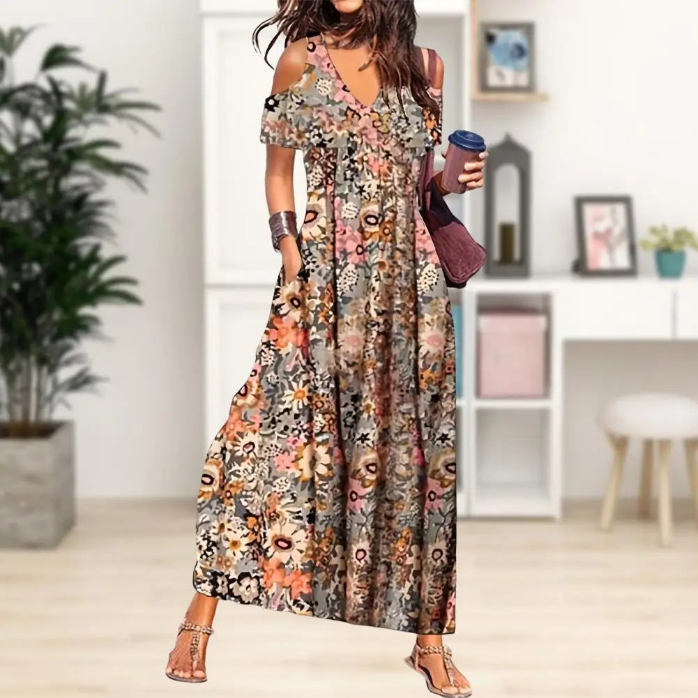 FashionSierra - 2024 Flower Print Hollow Out Pleated Maxi Boho Dress