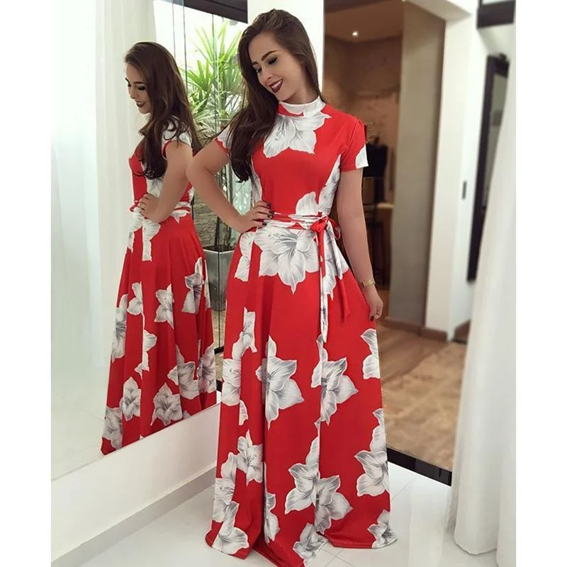 FashionSierra - Flower print turtleneck long summer dress Women sashes pleated long dress Elegant womens maxi dresses red vestidos mujer