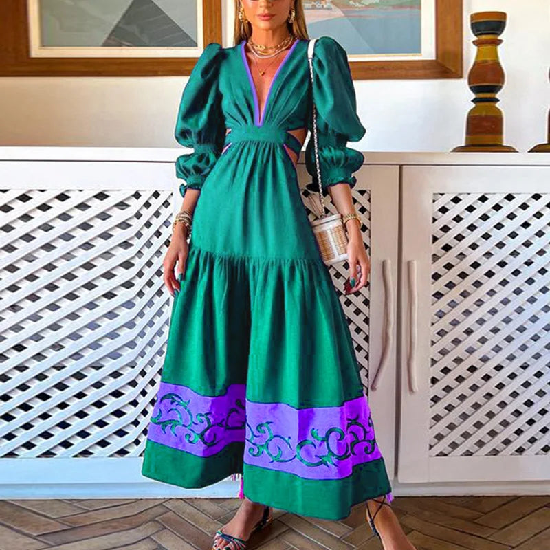 FashionSierra - 2024 Hollow Out Waist Patchwork Maxi Boho Dress